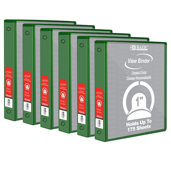 Bazic Products View Binder, 3-Ring with 2 Pockets, 1in, Green, PK6 4122 - main